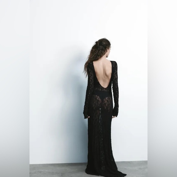 ZARA Black Lace Maxi Dress Long Sleeve Semi- sheer NWT - Picture 3 of 15